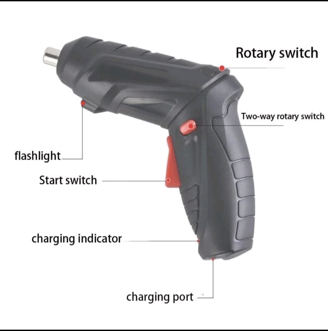 Detail tombol: flashlight, start switch, rotary switch, charging port